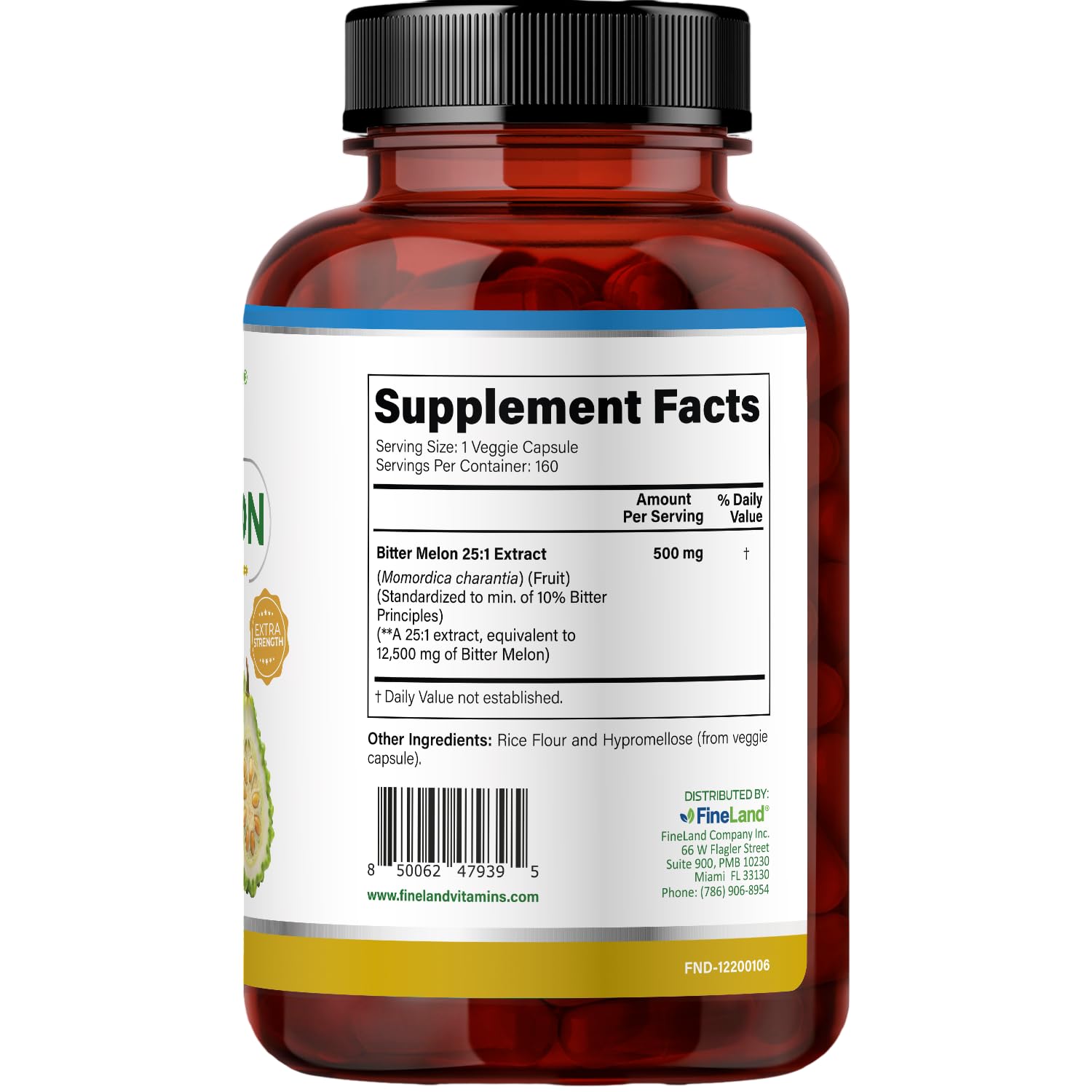 FineLand Karela 25 to 1 extract supplement facts label showing ingredient transparency.