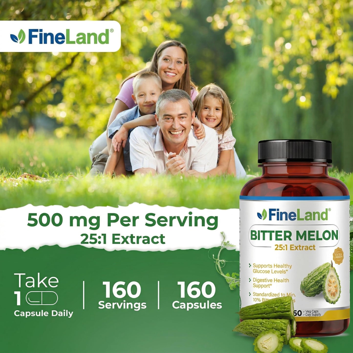 Premium quality non GMO vegan capsules of bitter melon extract for glucose health.