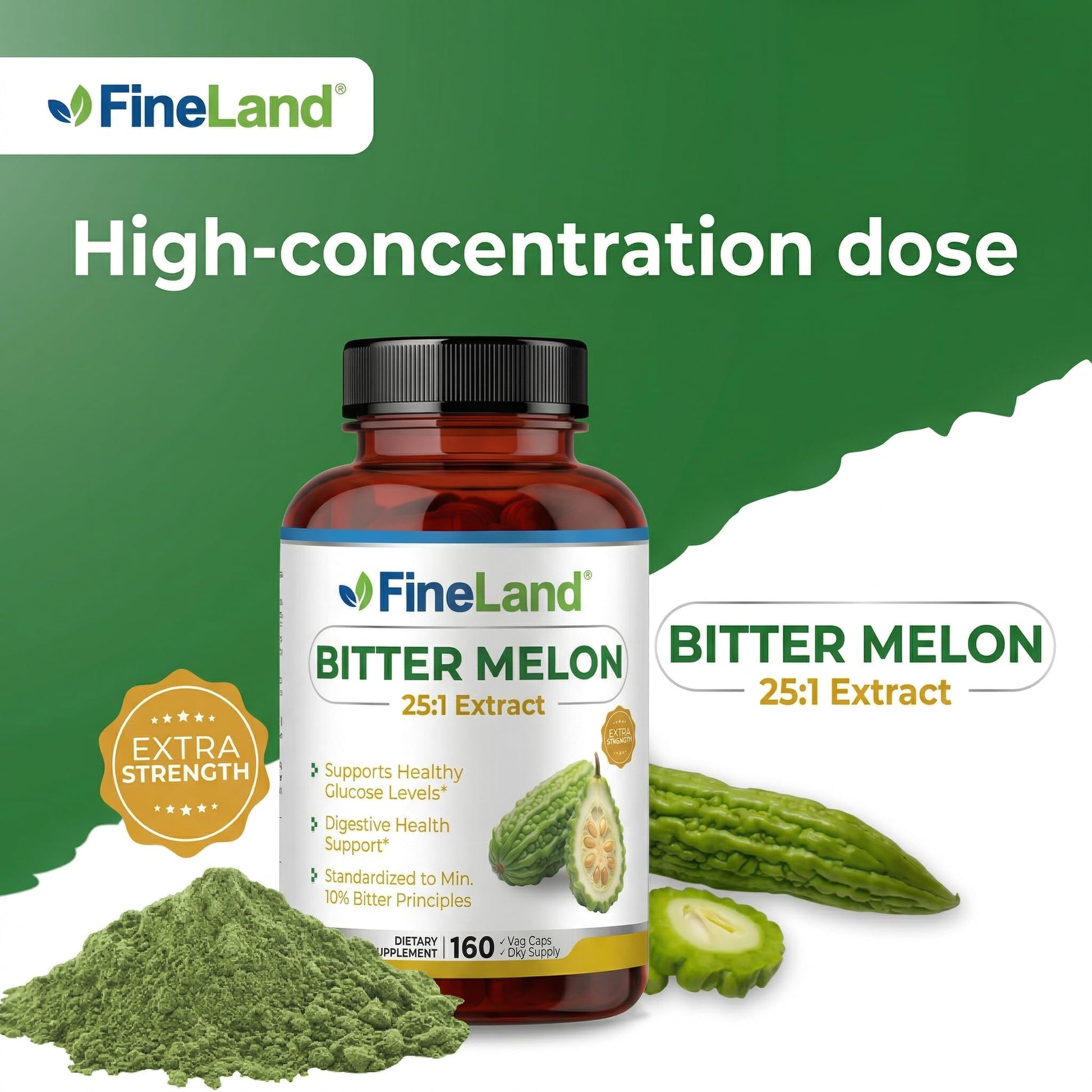 Authentic imported USA FineLand bitter melon 160 vegan capsules packaging layout.