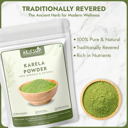 Fine texture of natural green karela powder for wellness teas.