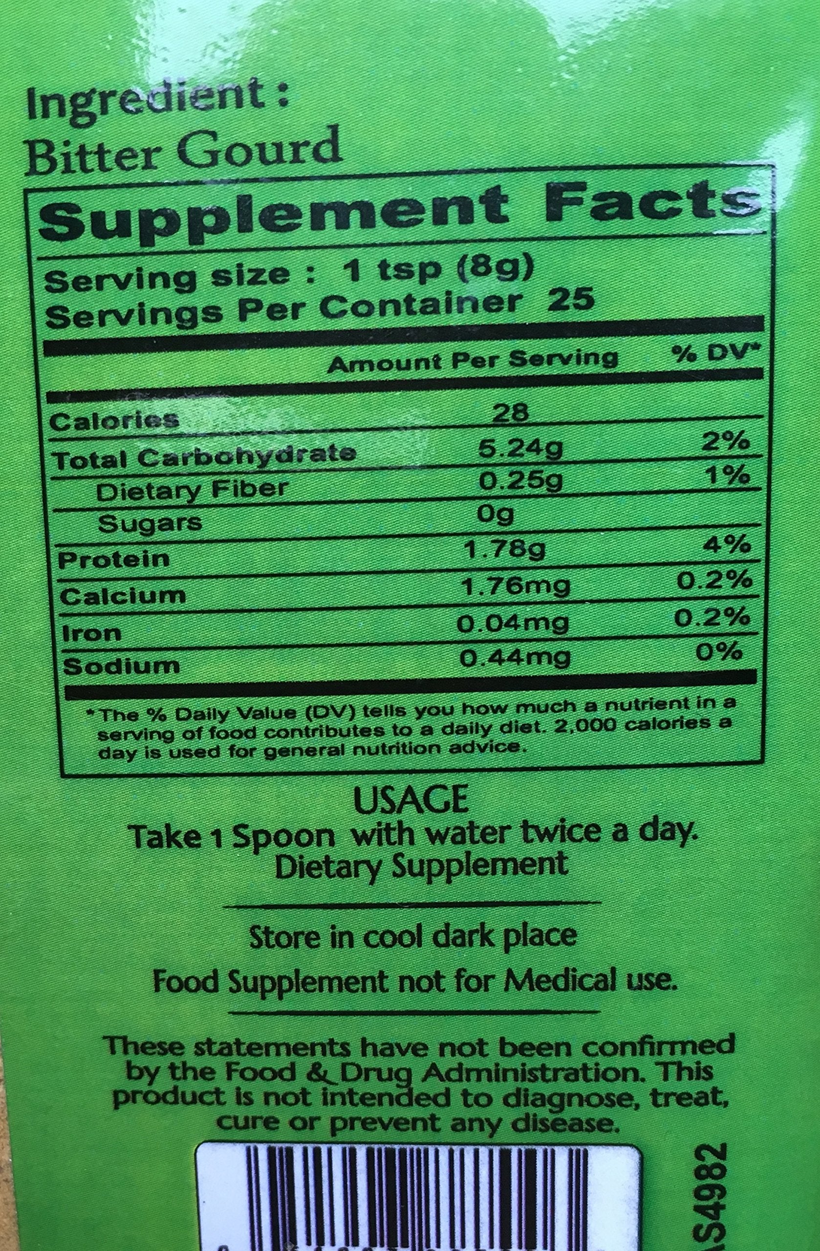 Vedic Secrets Organic Bitter Melon Powder back label detailing nutritional information and usage instructions.