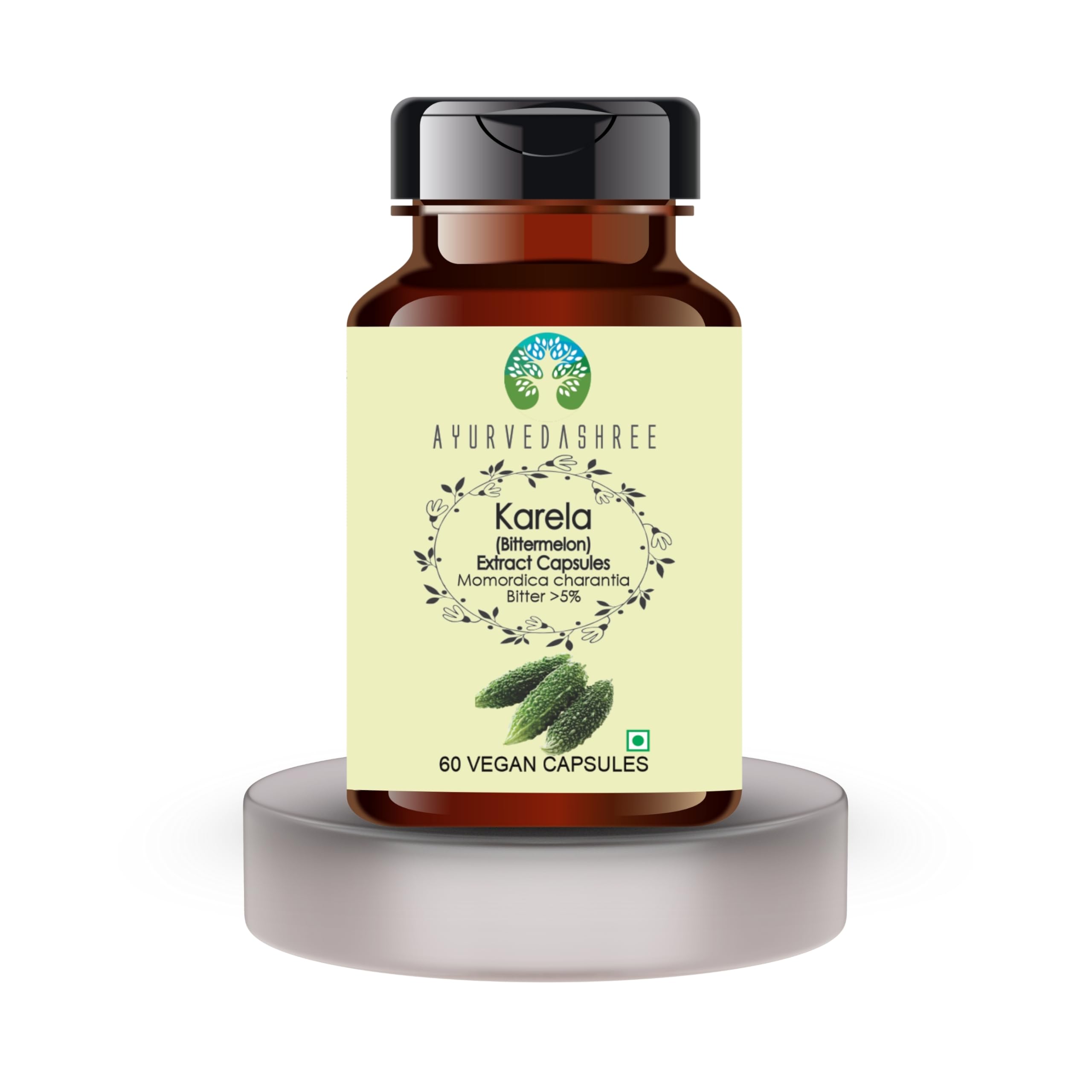 Ayurvedashree bitter melon 500 milligram supplement packaging showing certified clean ingredients label