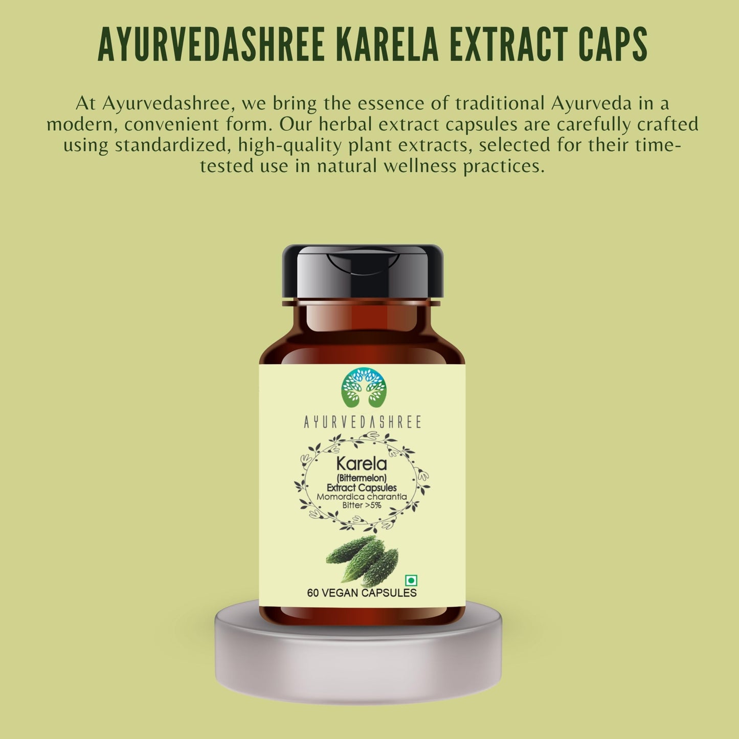 Side view of Ayurvedashree Momordica charantia vegetable capsules bottle highlighting its gluten free formulation
