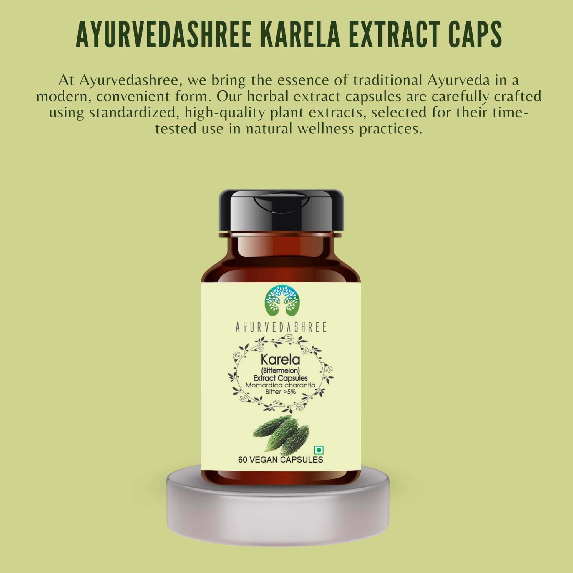 Side view of Ayurvedashree Momordica charantia vegetable capsules bottle highlighting its gluten free formulation