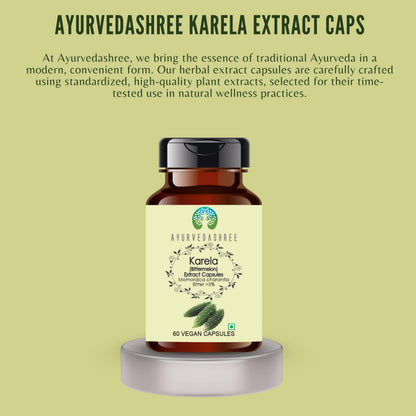 Side view of Ayurvedashree Momordica charantia vegetable capsules bottle highlighting its gluten free formulation