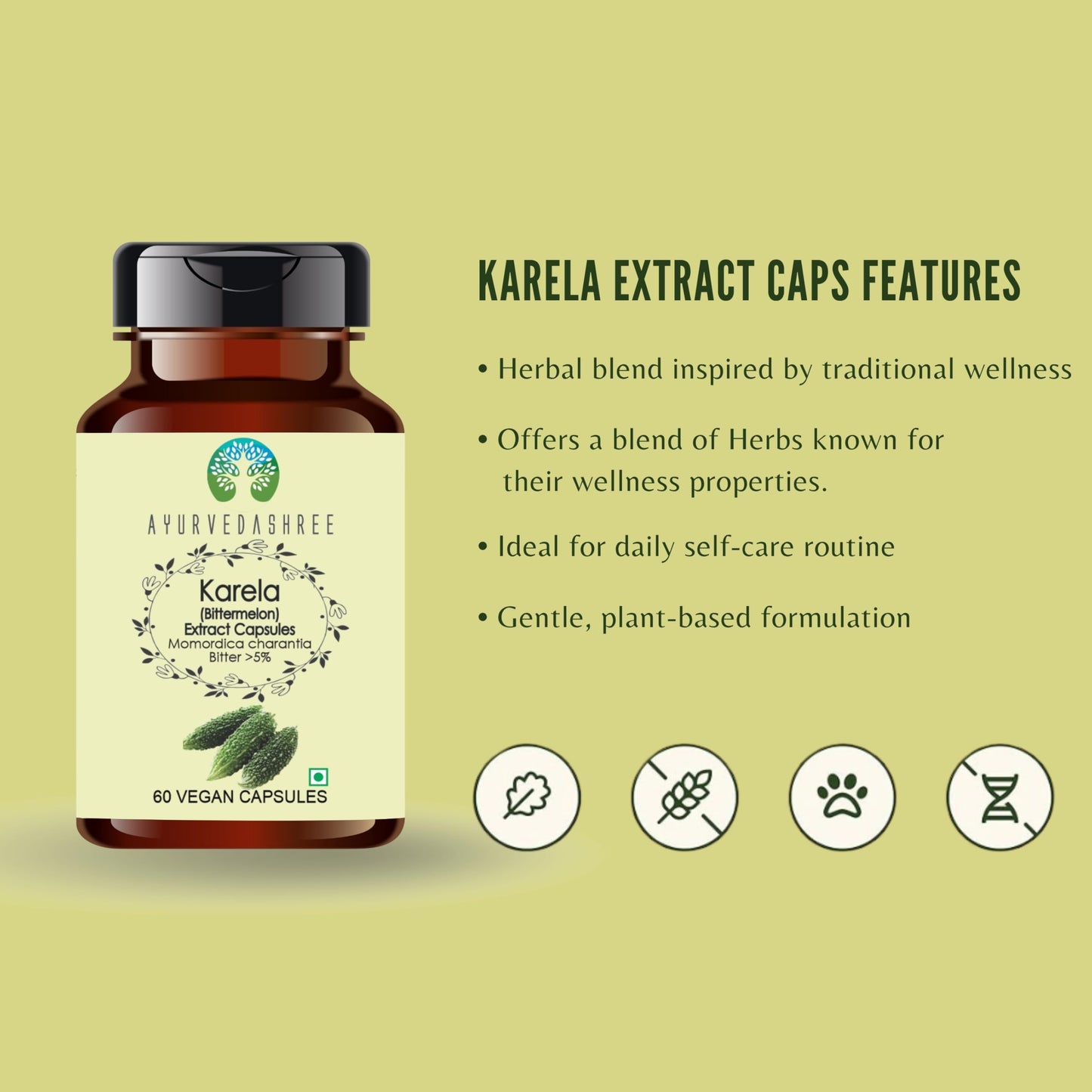 Ayurvedashree herbal karela extract capsules showing metabolic wellness and detoxification benefits chart
