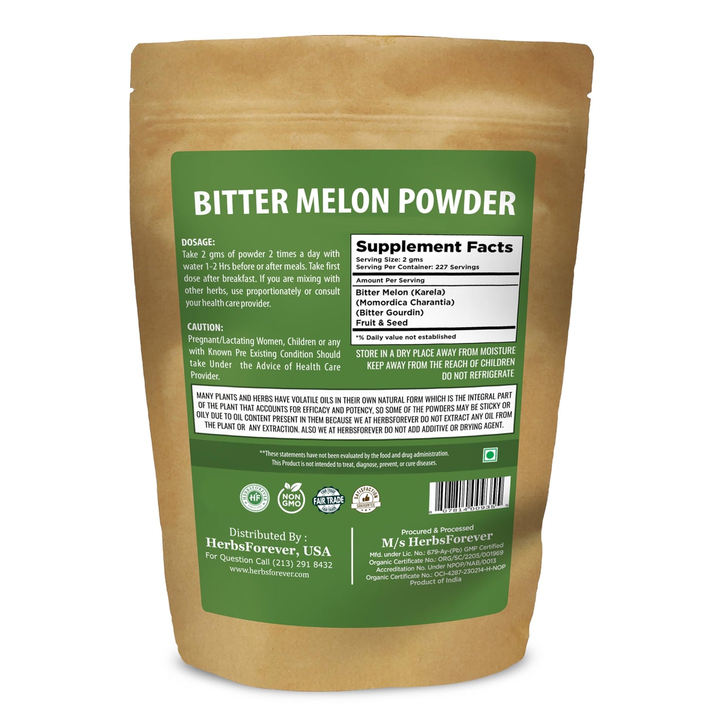 Herbsforever Karela powder side panel illustrating nutritional facts and pure ingredient formulation.