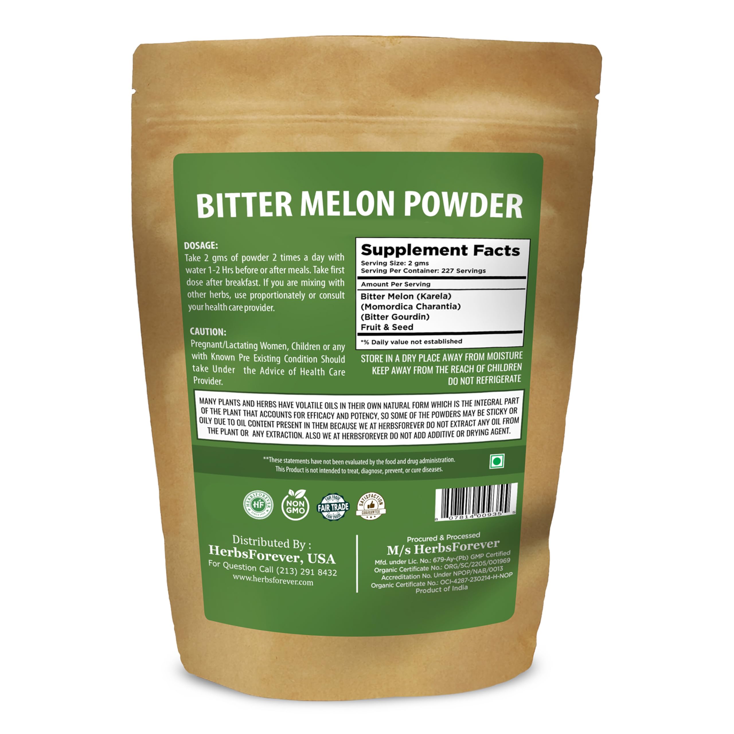 Herbsforever Karela powder side panel illustrating nutritional facts and pure ingredient formulation.