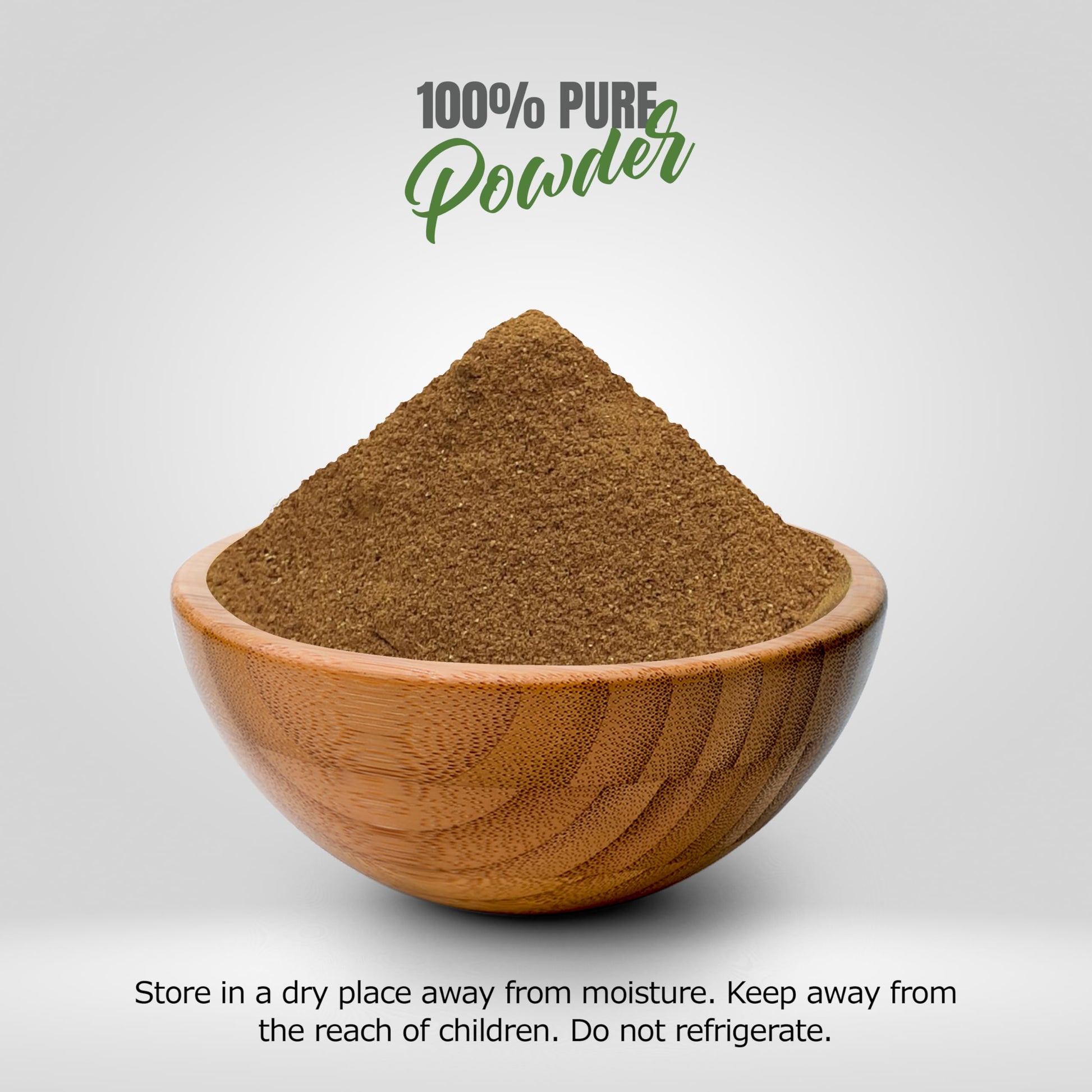 Herbsforever Momordica charantia fruit and seed powder close up showing fine green micronized texture.