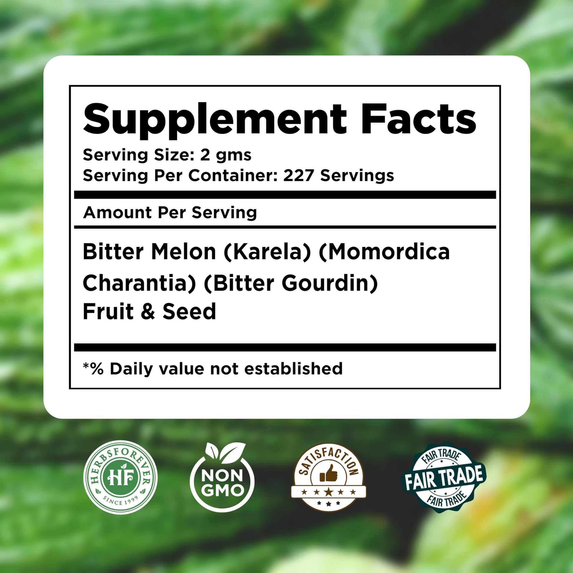 Herbsforever Bitter Melon herbal supplement container displaying certification labels for non-GMO and vegan standards.