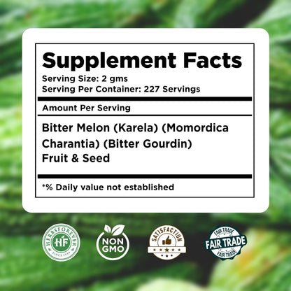 Herbsforever Bitter Melon herbal supplement container displaying certification labels for non-GMO and vegan standards.
