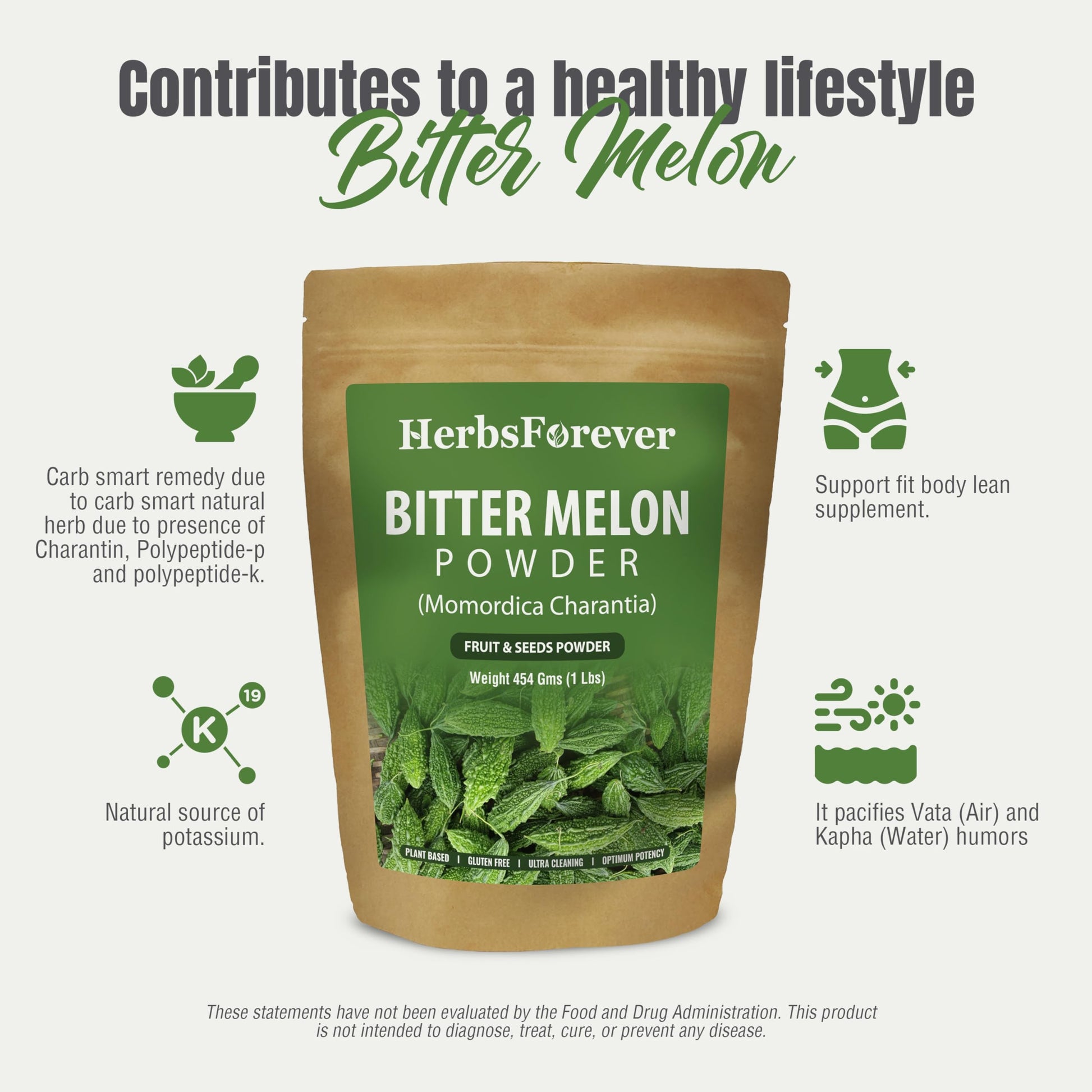 Authentic USA imported Herbsforever Bitter Melon powder packaging detailing vitamin C and antioxidant contents.