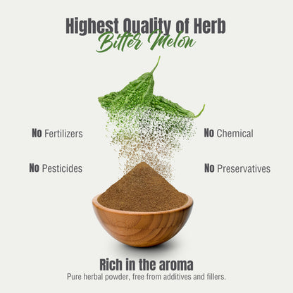 Herbsforever premium Karela powder container with secure lid emphasizing raw herbal purity.