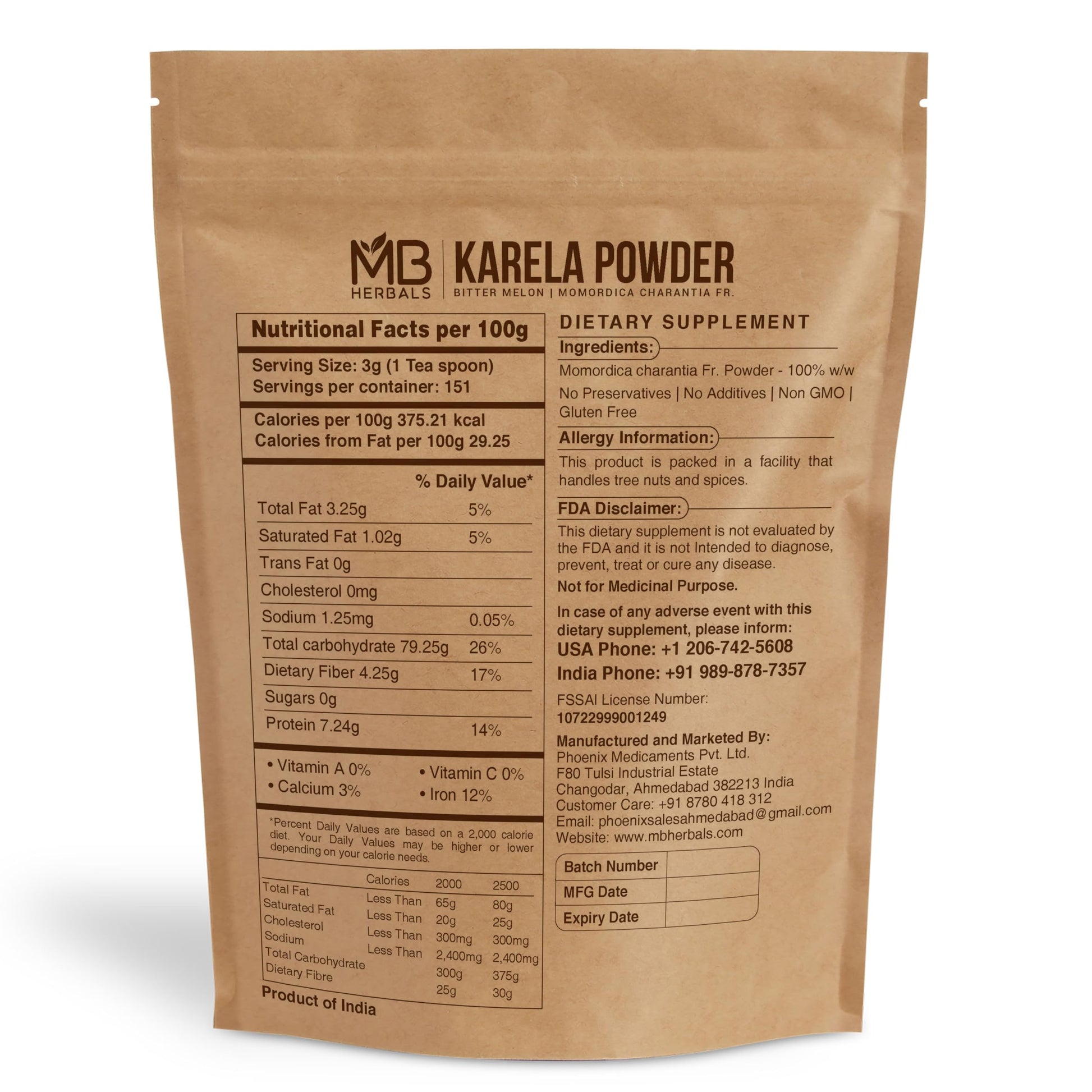 Back view of MB Herbals bitter melon supplement powder showing product information and purity attributes.