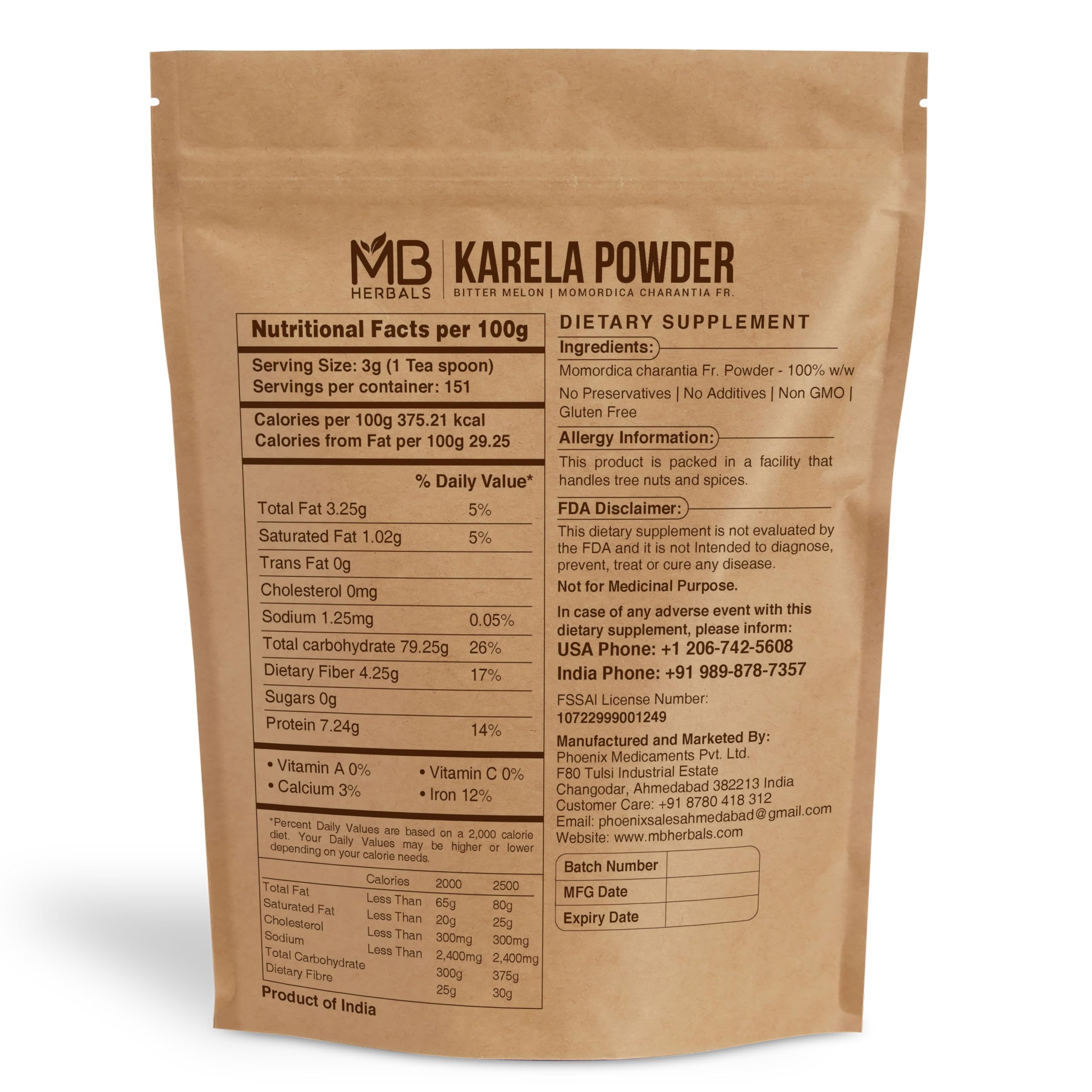 Back view of MB Herbals bitter melon supplement powder showing product information and purity attributes.