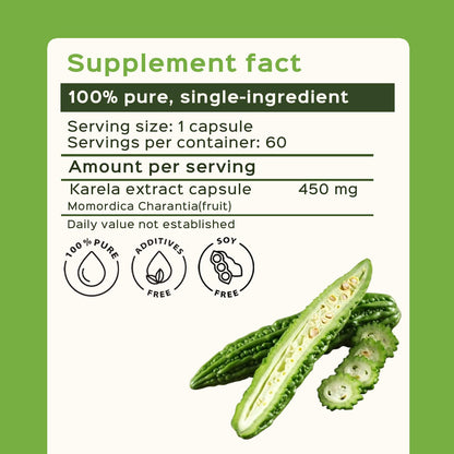 Side view of Bixa Botanical Momordica Charantia 450mg packaging highlighting gluten free and vegetarian attributes