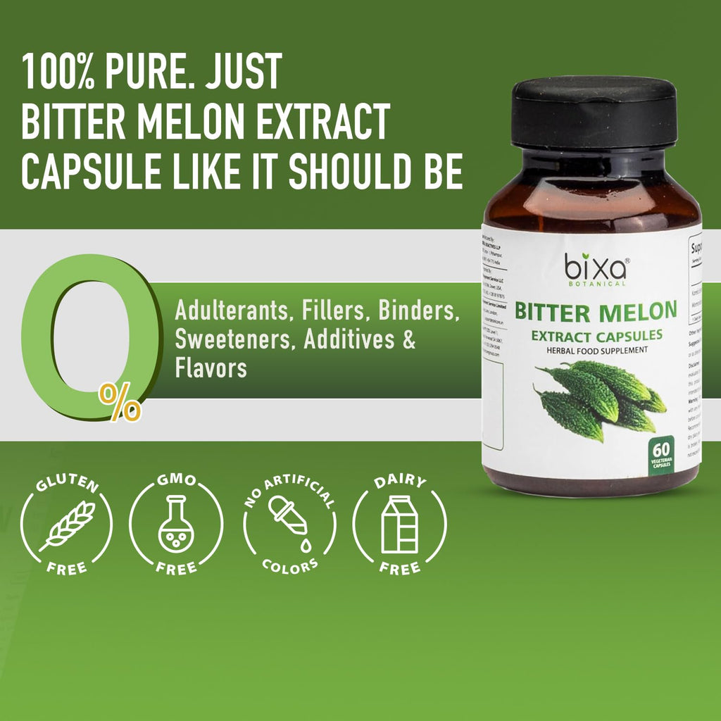 Bixa Botanical Bitter Melon herbal supplement bottle displaying standardized five percent bitters quality seal