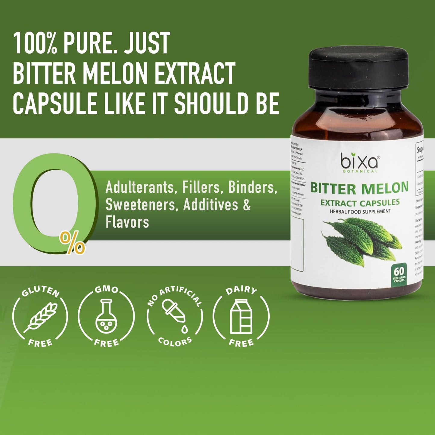 Bixa Botanical Bitter Melon herbal supplement bottle displaying standardized five percent bitters quality seal