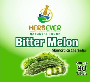 Side view of Herbever Momordica Charantia tablets bottle displaying supplement facts panel and product dosage specifications.