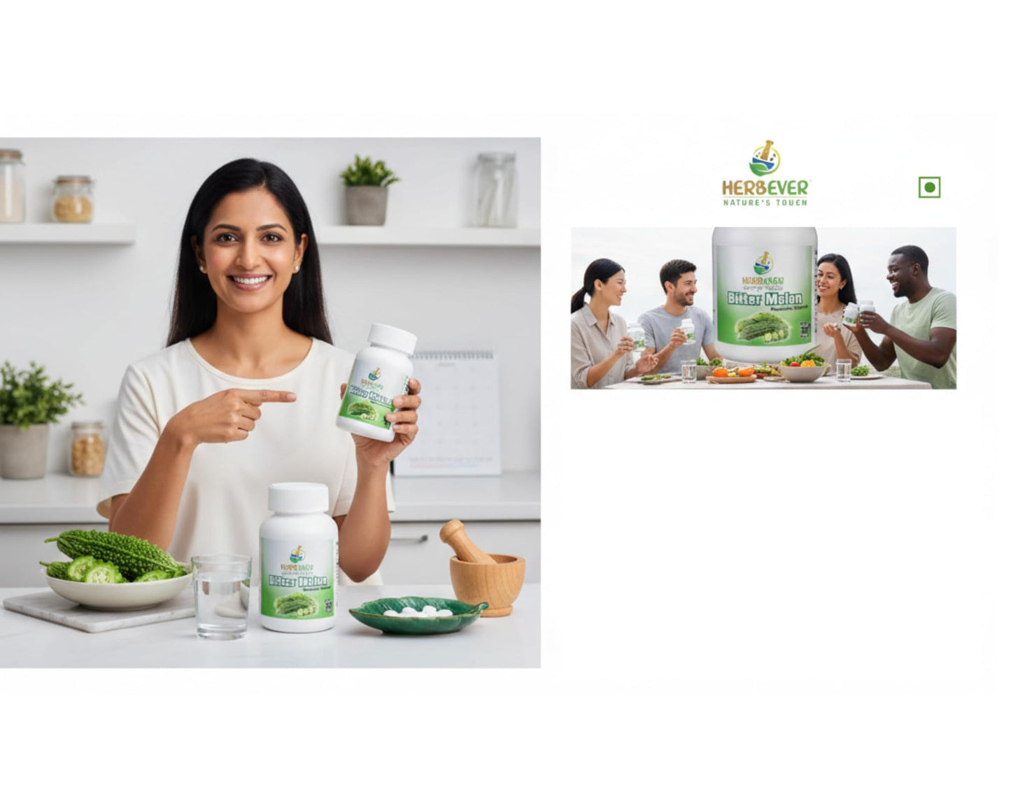 Dual bottle packaging layout of Herbever natural bitter melon 180 total vegetarian tablets for glucose metabolism support.