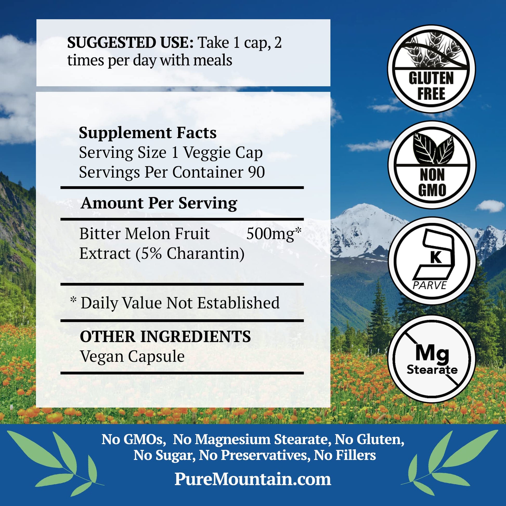 Pure Mountain Botanicals bitter melon supplement supplement facts label displaying five hundred milligram dosage