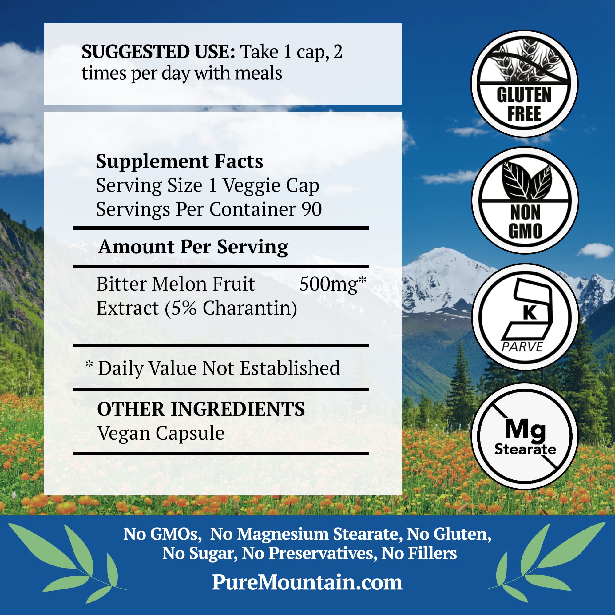 Pure Mountain Botanicals bitter melon supplement supplement facts label displaying five hundred milligram dosage