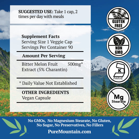 Pure Mountain Botanicals bitter melon supplement supplement facts label displaying five hundred milligram dosage
