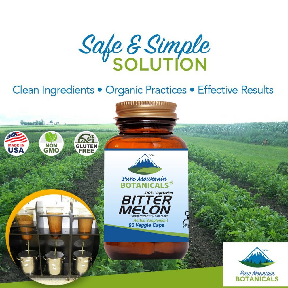 Pure Mountain Botanicals bitter melon supplement back label detailing the clean zero filler formulation