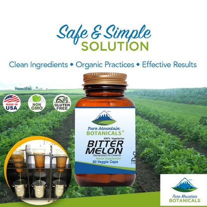 Pure Mountain Botanicals bitter melon supplement back label detailing the clean zero filler formulation
