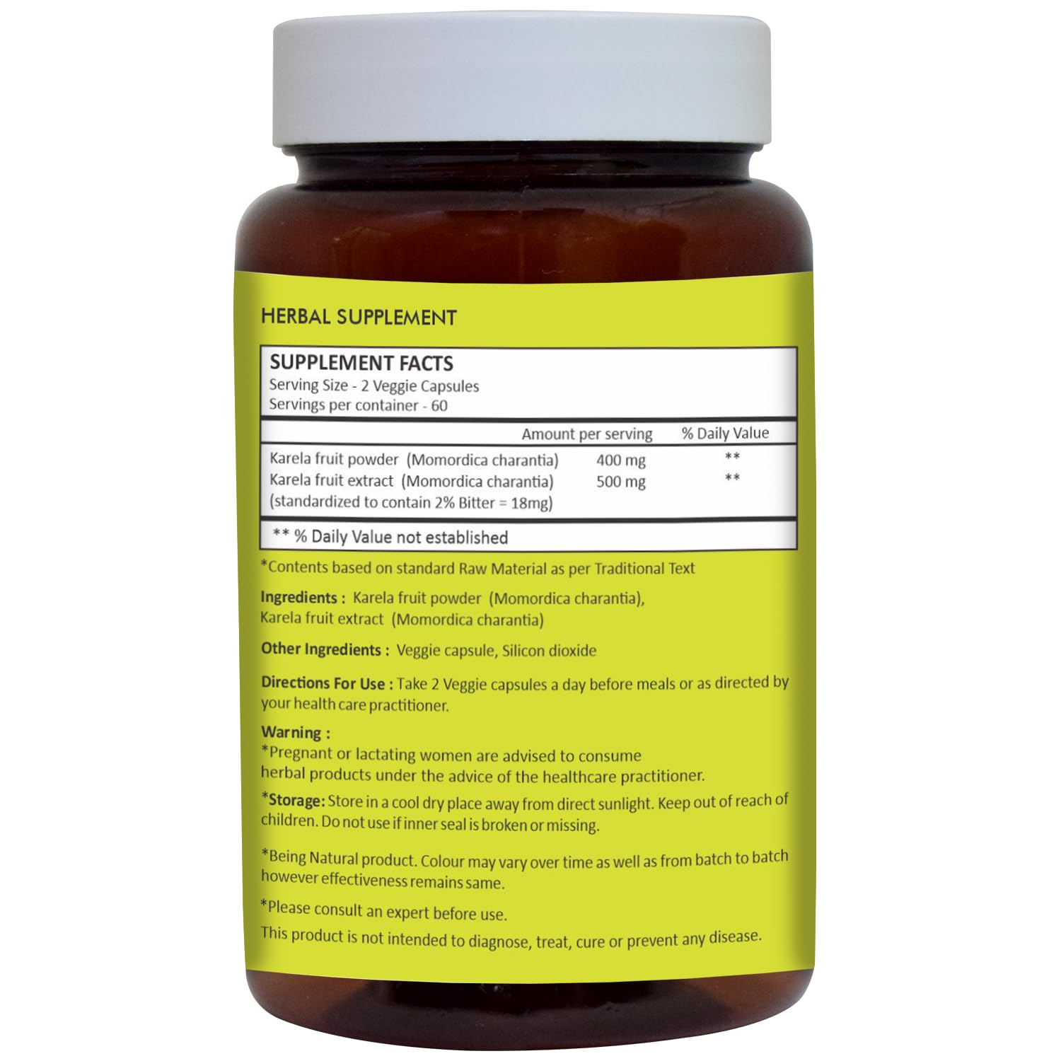 Herbal Hills Karela capsules dietary supplement label detailing 900mg serving size and supplement facts.