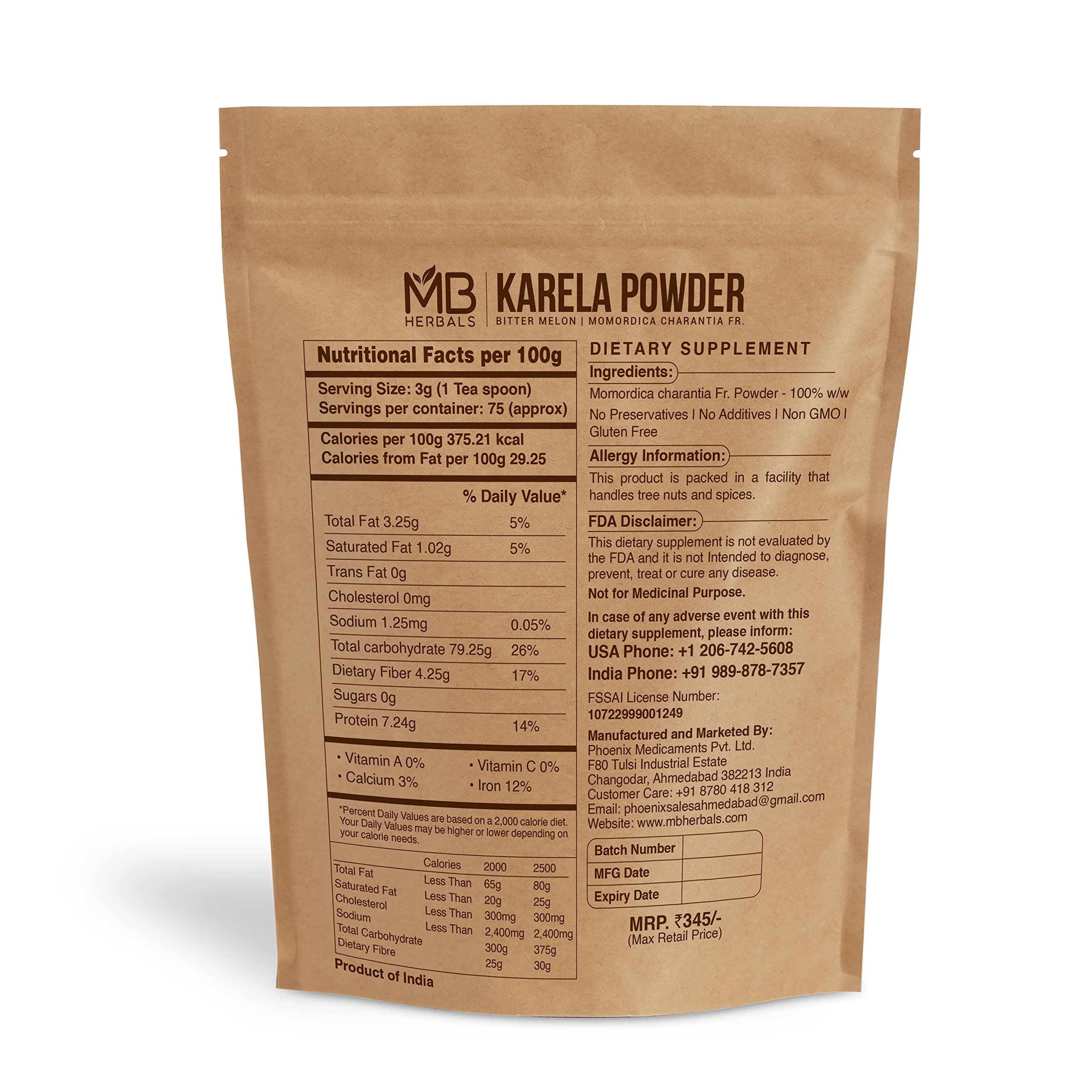 Pure bitter melon dietary supplement pouch showing product specifications