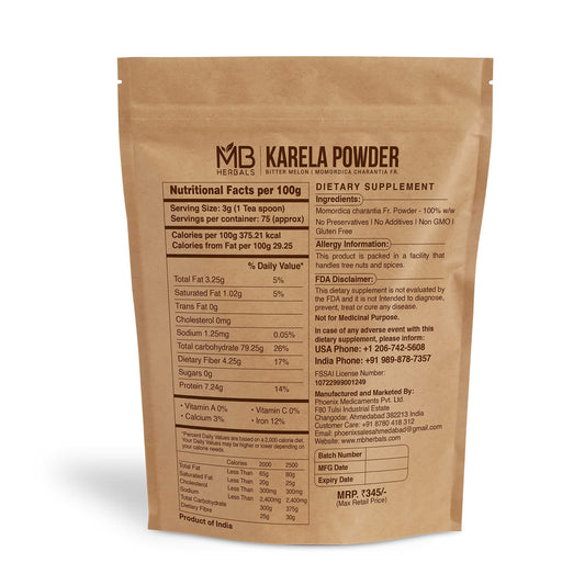 Pure bitter melon dietary supplement pouch showing product specifications