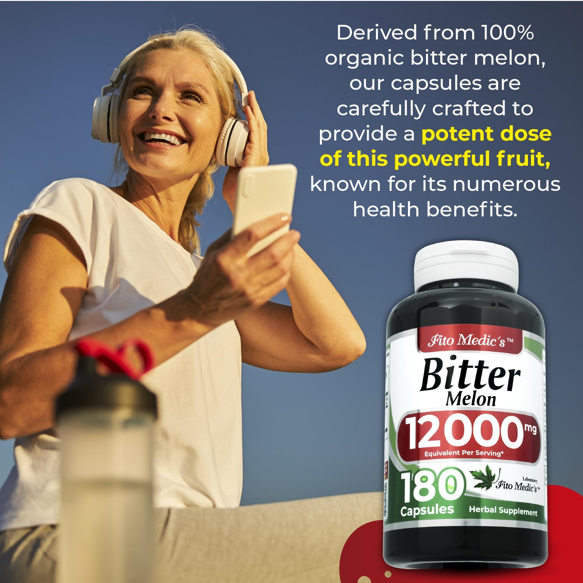 Fito Medics Lab Bitter Melon capsules size and appearance showcase against clean background