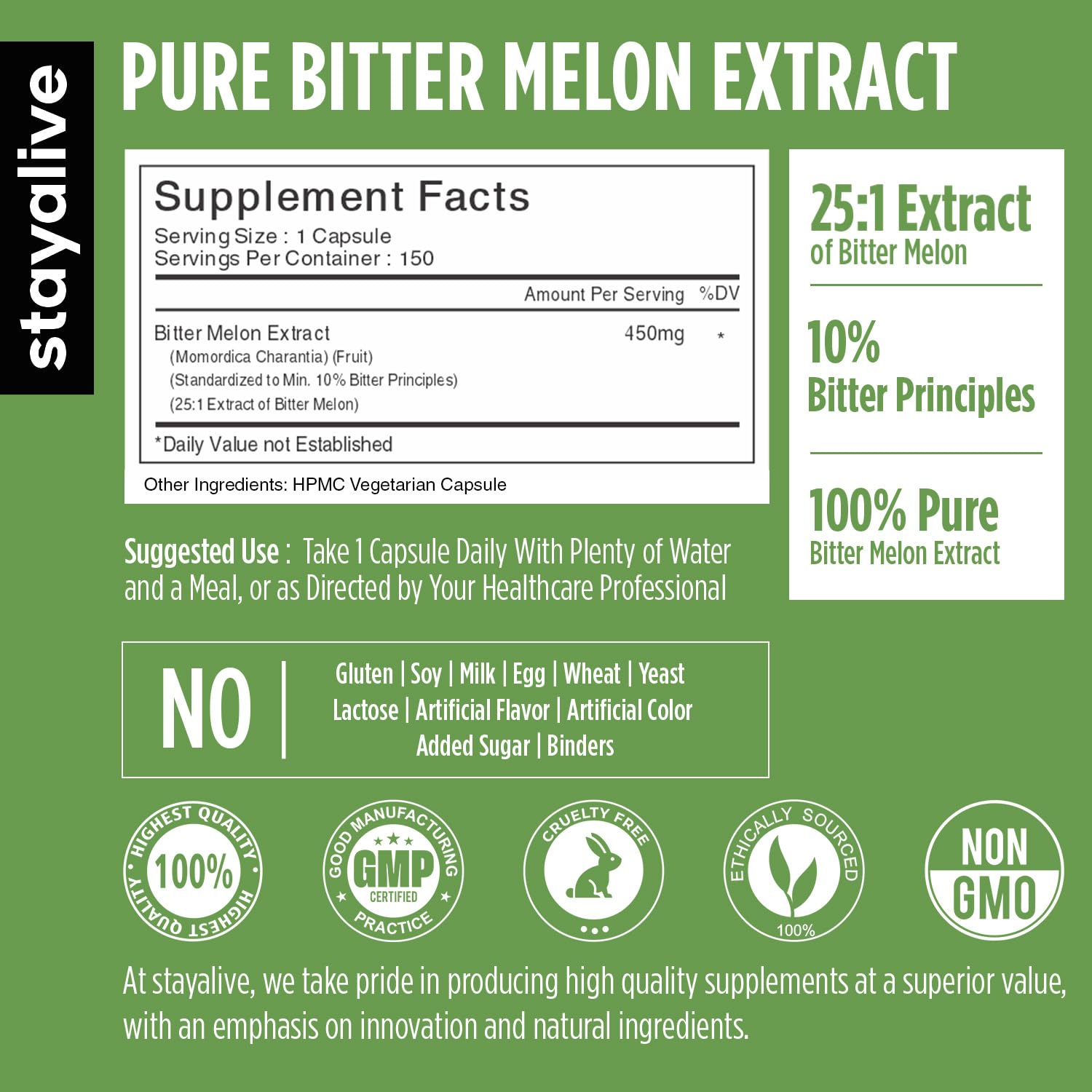 STAY ALIVE Extra Strength Bitter Melon 150 vegan capsules bottle design
