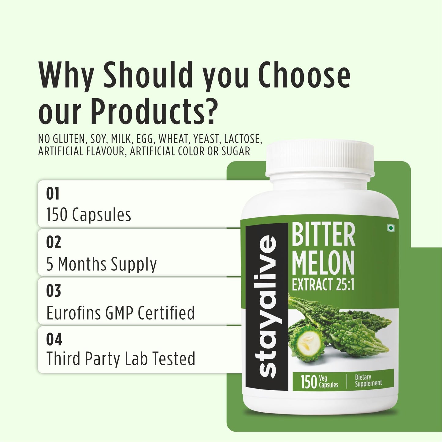Premium non-GMO and gluten-free certifications on STAY ALIVE bitter melon package