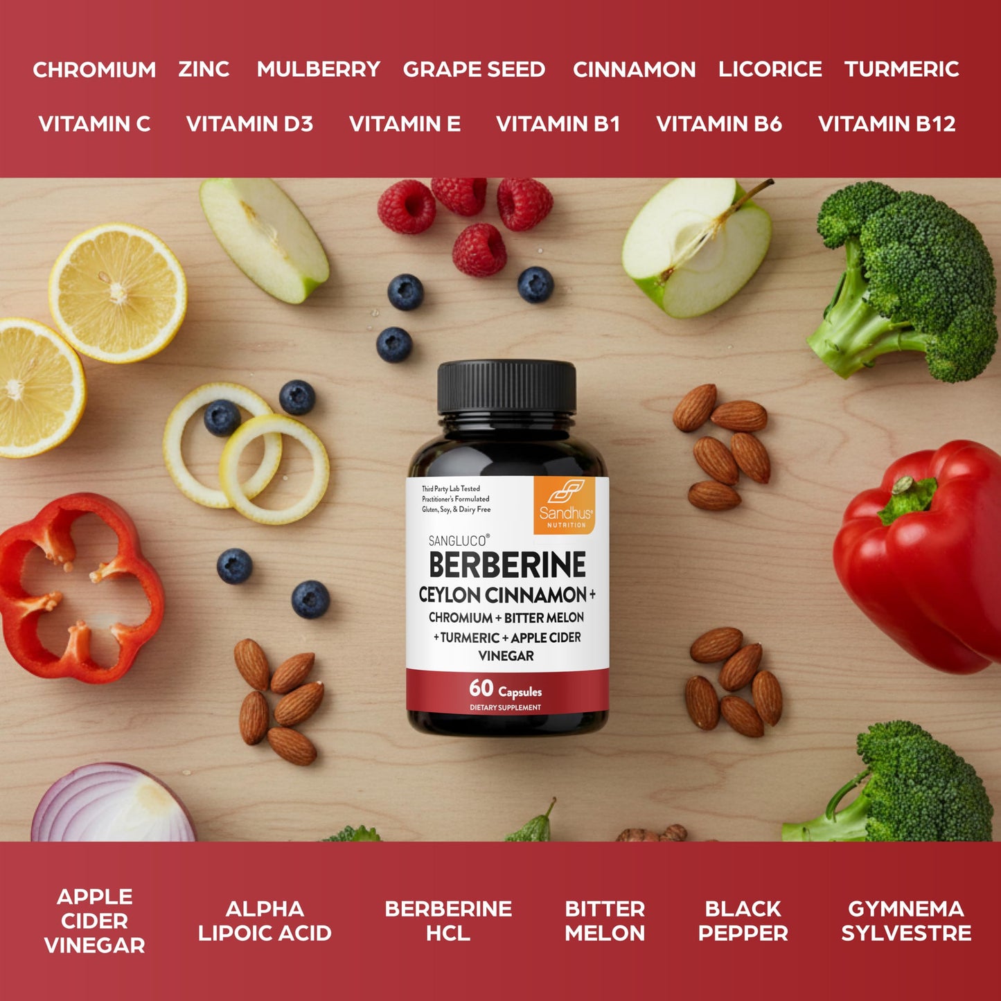 Sandhu's Berberine Hydrochloride sixty capsules container directions for use