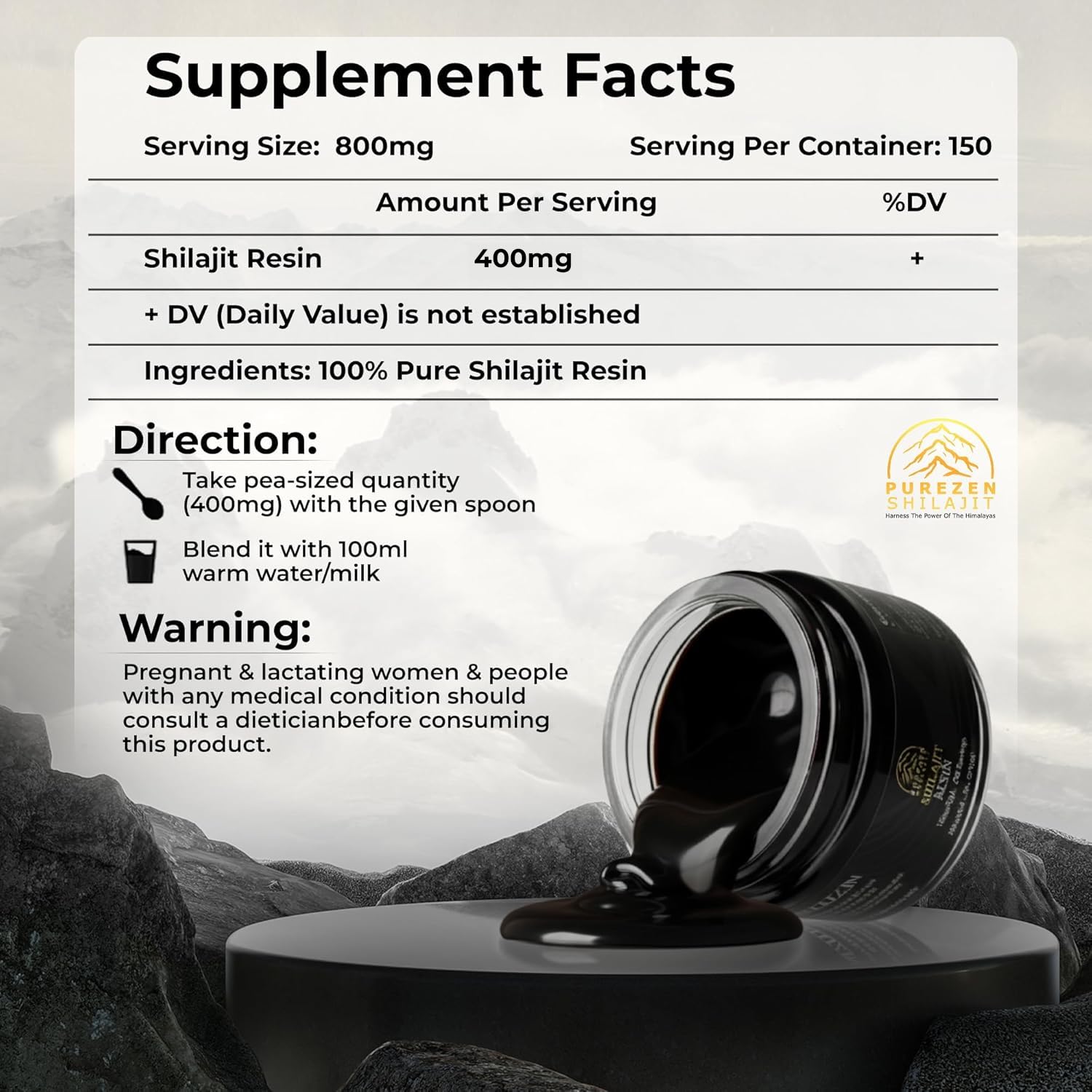 Authentic imported Shilajit resin packaging showing fulvic acid content details