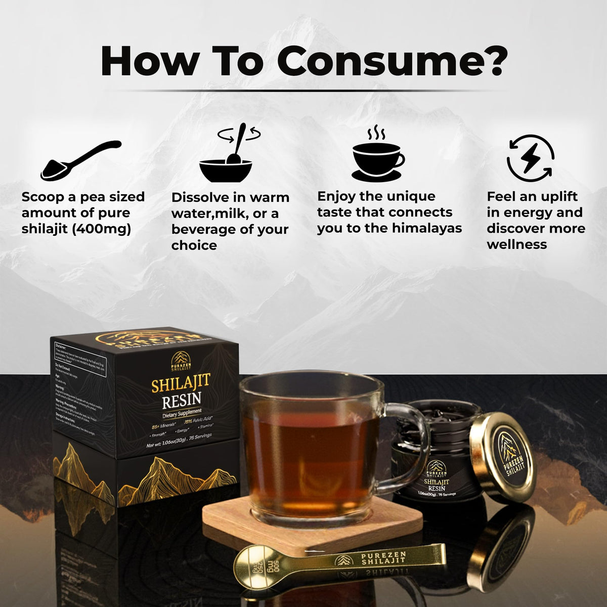 Purezen brand organic Himalayan shilajit supplement jar label view