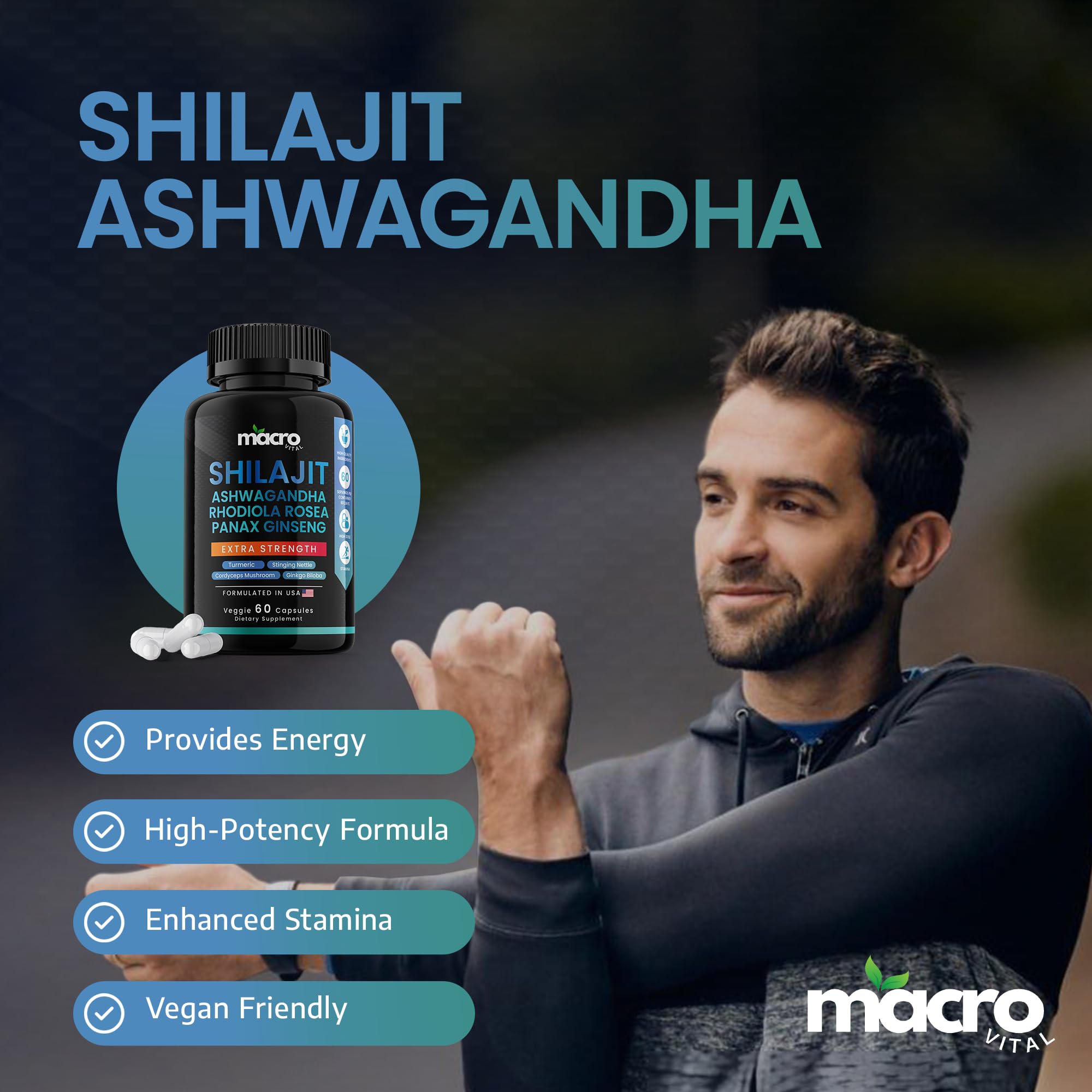 Macro Vital extra strength adaptogen supplement bottle showing premium USA formulated label details.