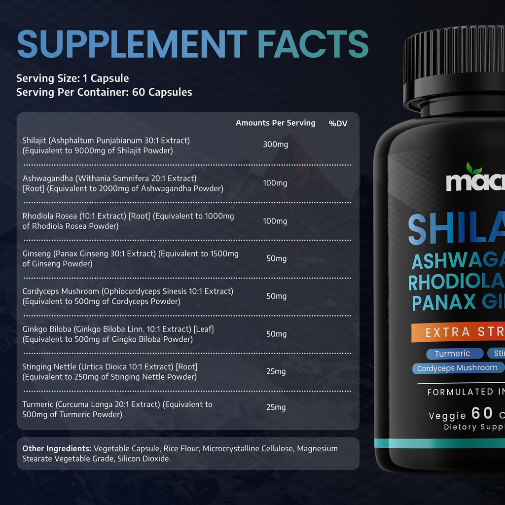 Macro Vital 60 vegan capsules nutritional facts label detailing pure Himalayan shilajit and ashwagandha content.