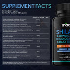 Macro Vital 60 vegan capsules nutritional facts label detailing pure Himalayan shilajit and ashwagandha content.