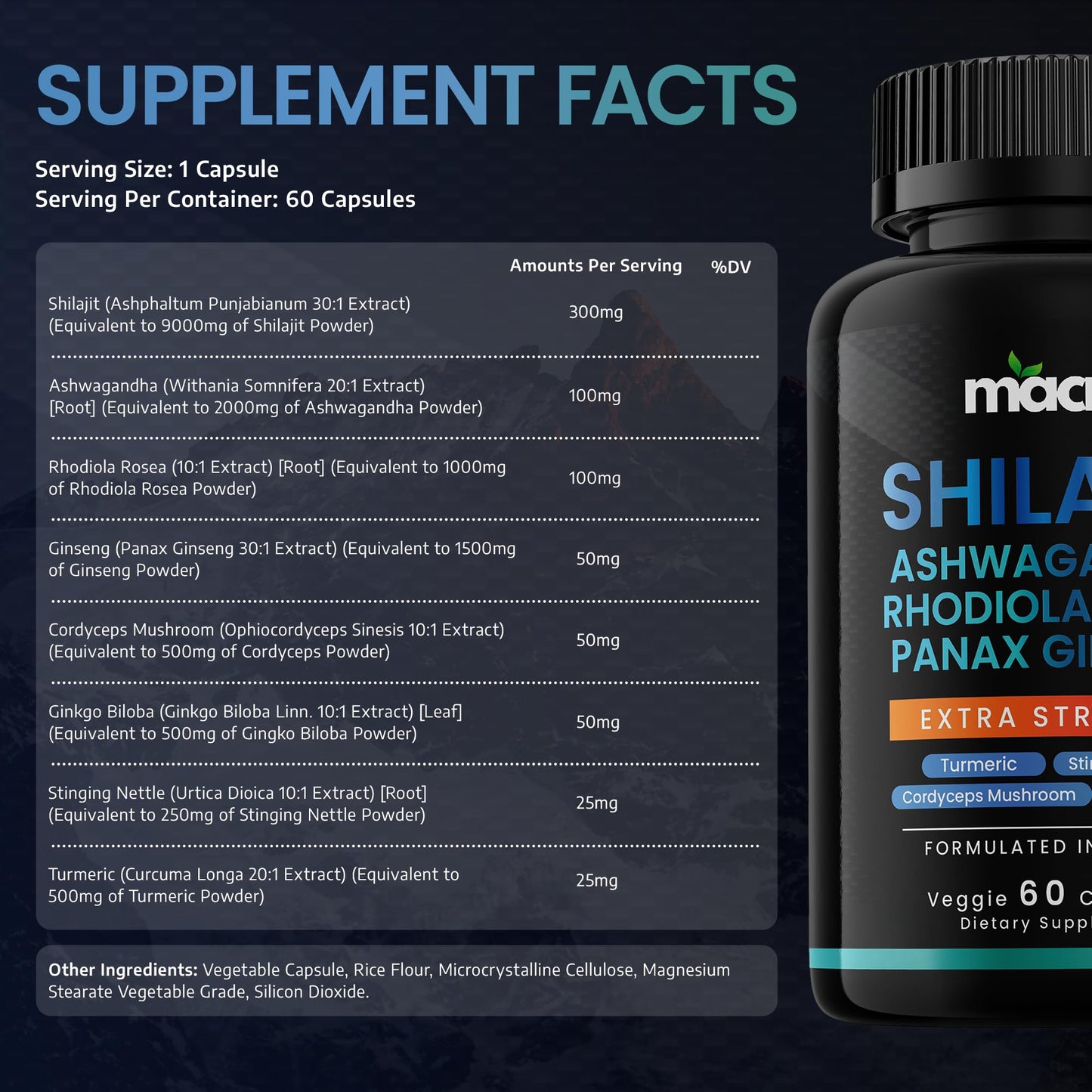 Macro Vital 60 vegan capsules nutritional facts label detailing pure Himalayan shilajit and ashwagandha content.