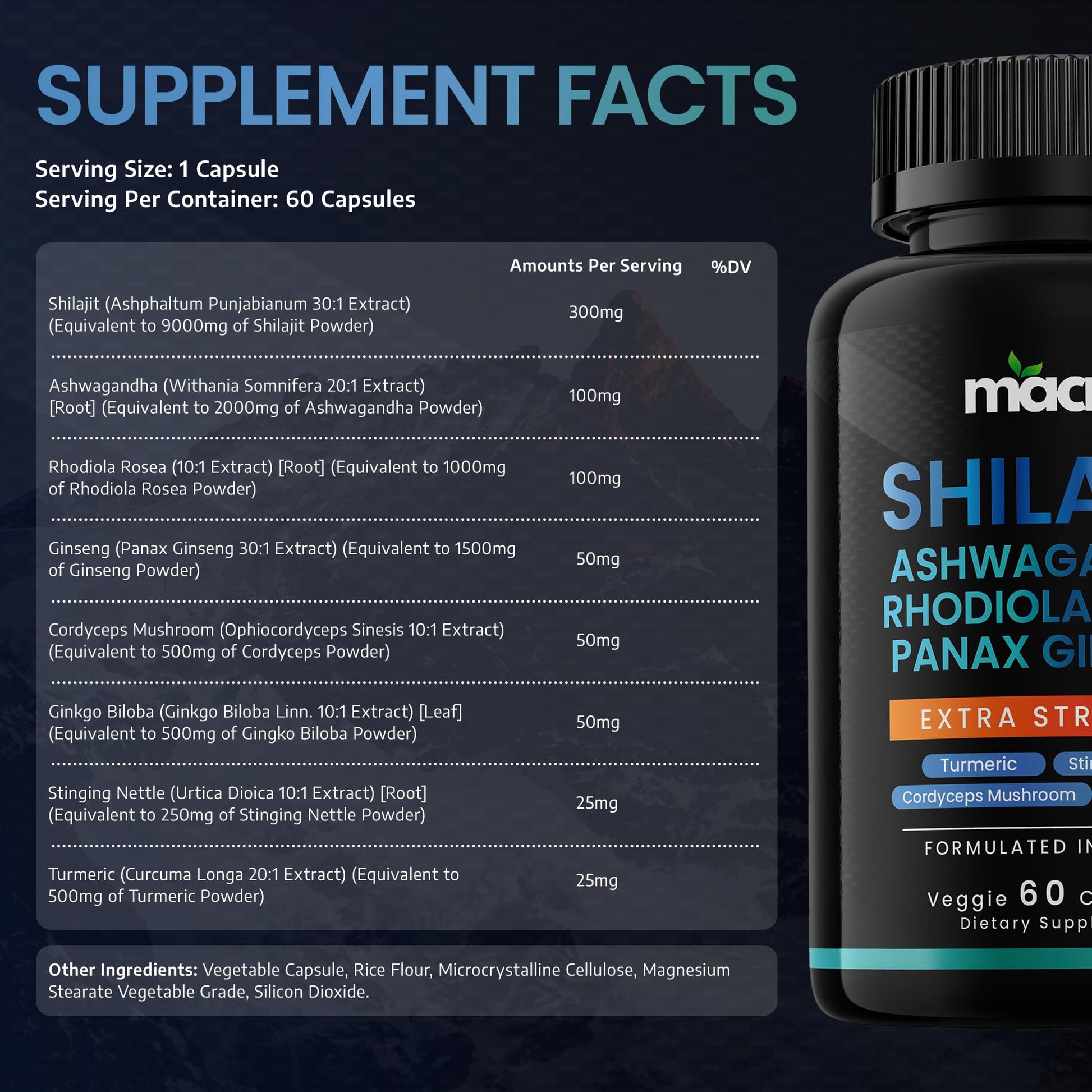 Macro Vital 60 vegan capsules nutritional facts label detailing pure Himalayan shilajit and ashwagandha content.