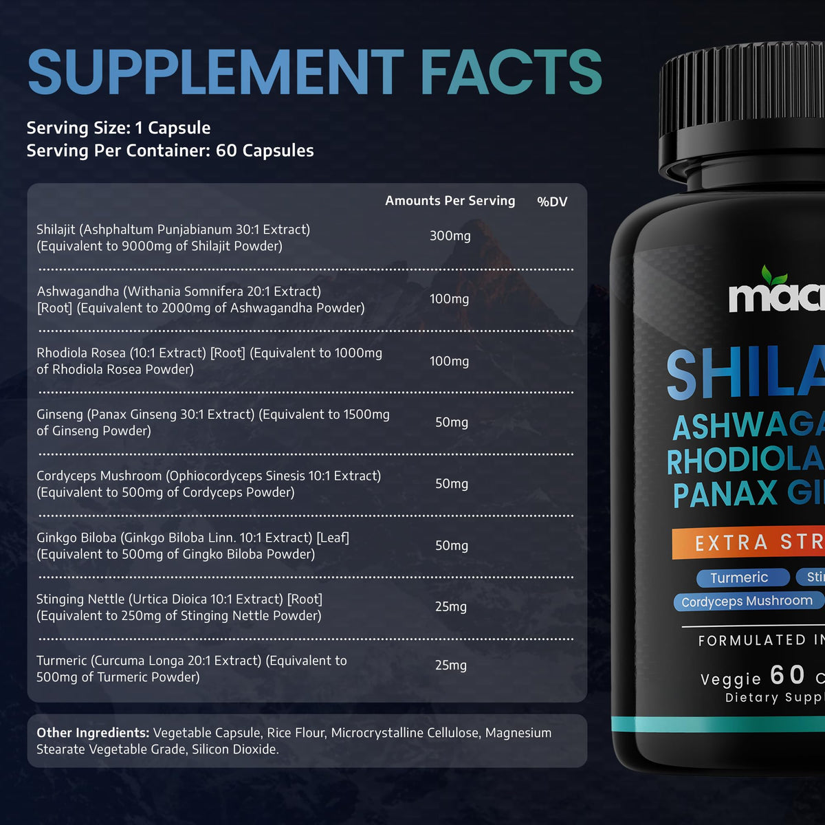 Macro Vital 60 vegan capsules nutritional facts label detailing pure Himalayan shilajit and ashwagandha content.