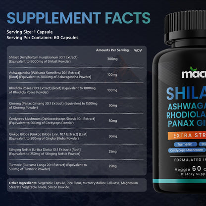 Macro Vital 60 vegan capsules nutritional facts label detailing pure Himalayan shilajit and ashwagandha content.