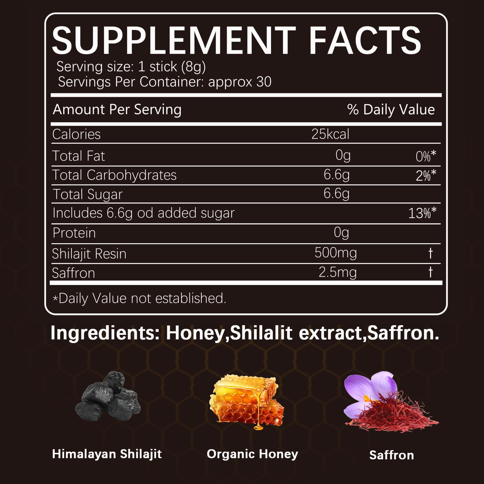 Yalei shilajit honey sticks with saffron packaging details and mineral facts.