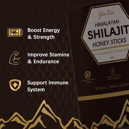 Nutritional label of Yalei shilajit sticks showing fulvic acid percentage.