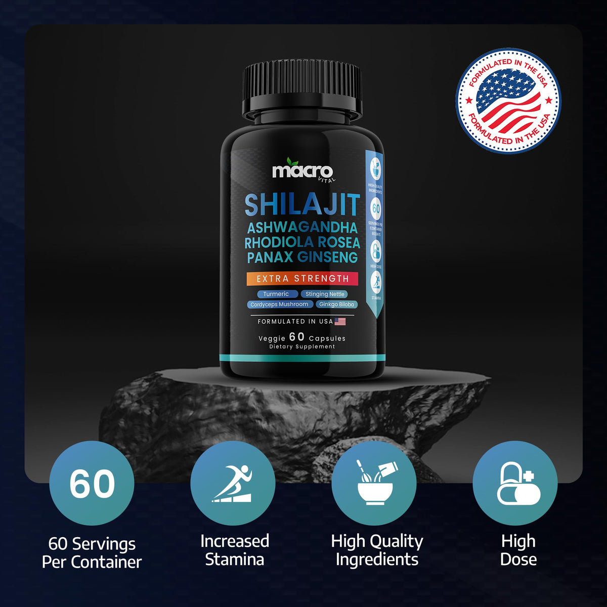 Macro Vital supplement collection layout emphasizing authentic USA sourced health and personal care products.