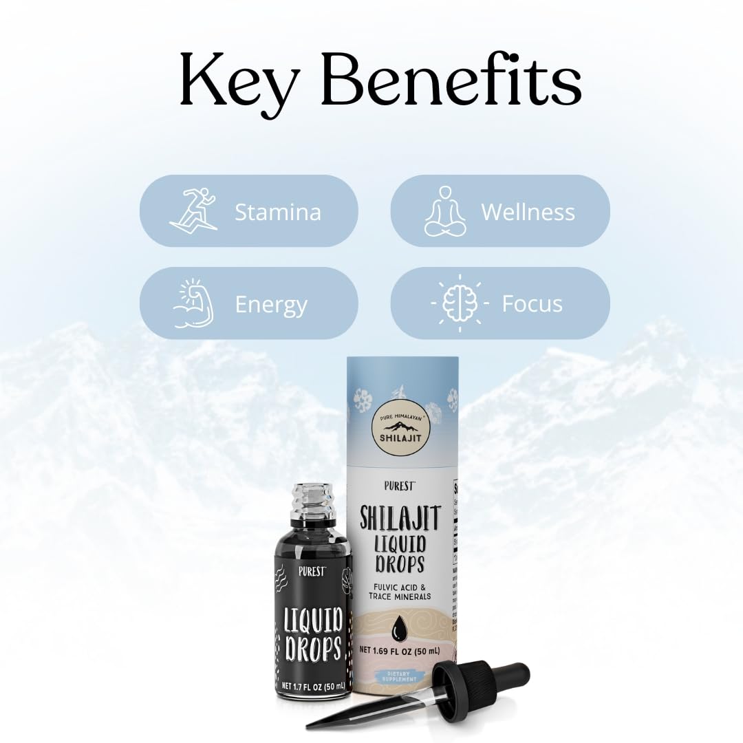 Pure Himalayan Shilajit supplement bottle with liquid dropper displaying natural ingredients and fulvic acid content.
