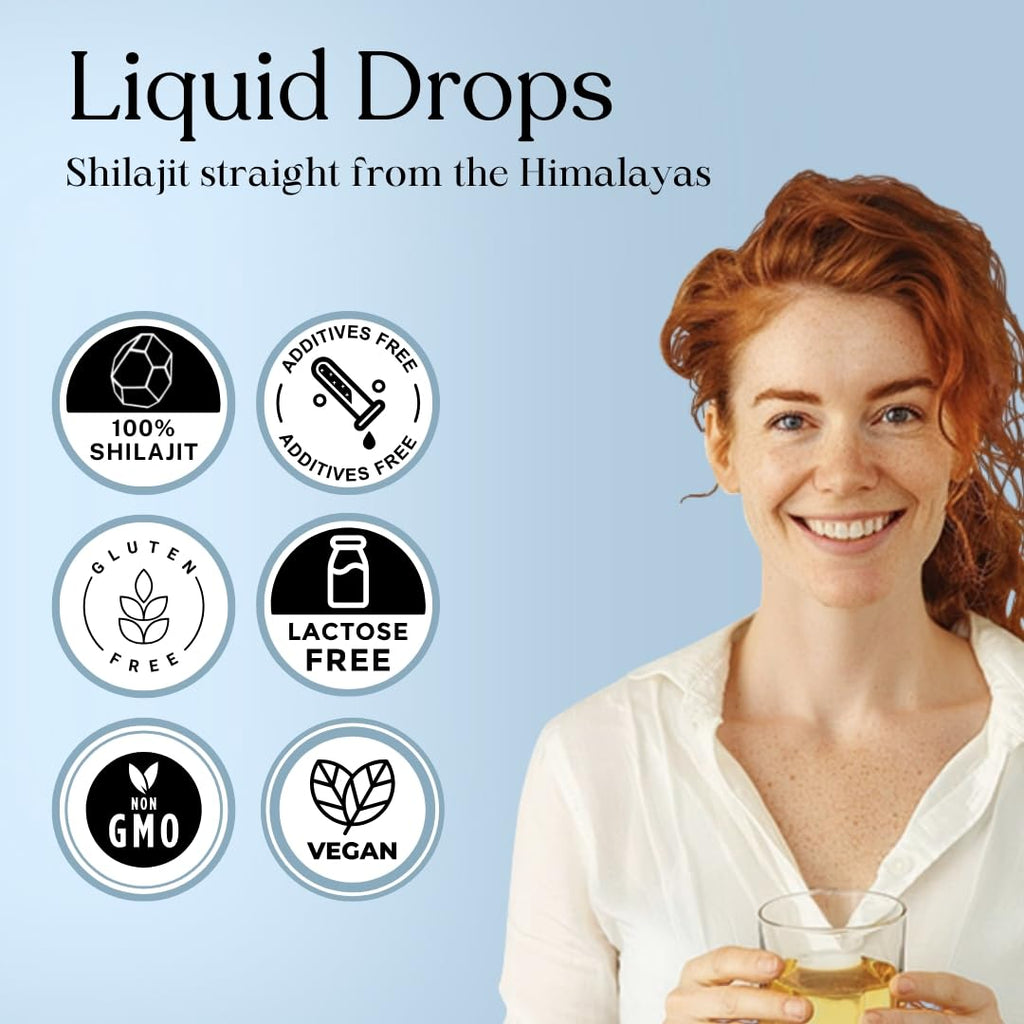 Side view of Pure Himalayan Shilajit packaging detailing the eighty five trace minerals and usage instructions.